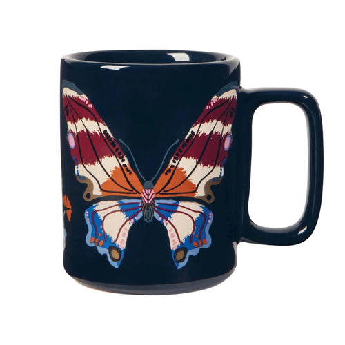 Bestofatlantagiftshop Aurora Studio Mug with butterfly design on navy blue stoneware
