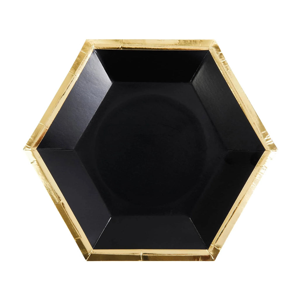 Bestofatlantagiftshop Gold and Black Hexagon Plates - Pack of 8 Elegant Disposable Lunch Plates