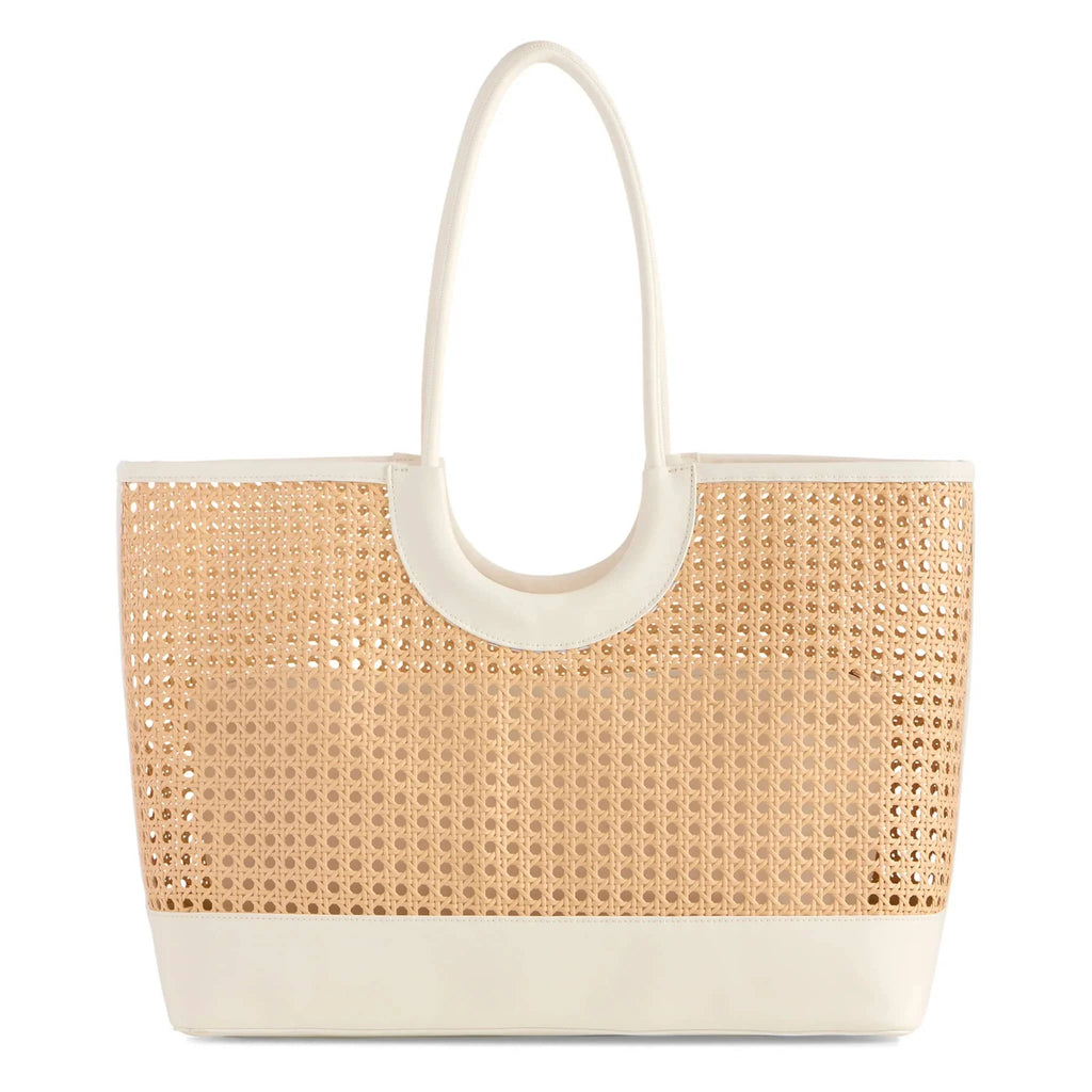 Bestofatlantagiftshop Lyra Tote in White – woven vegan leather beach bag with cane-inspired design