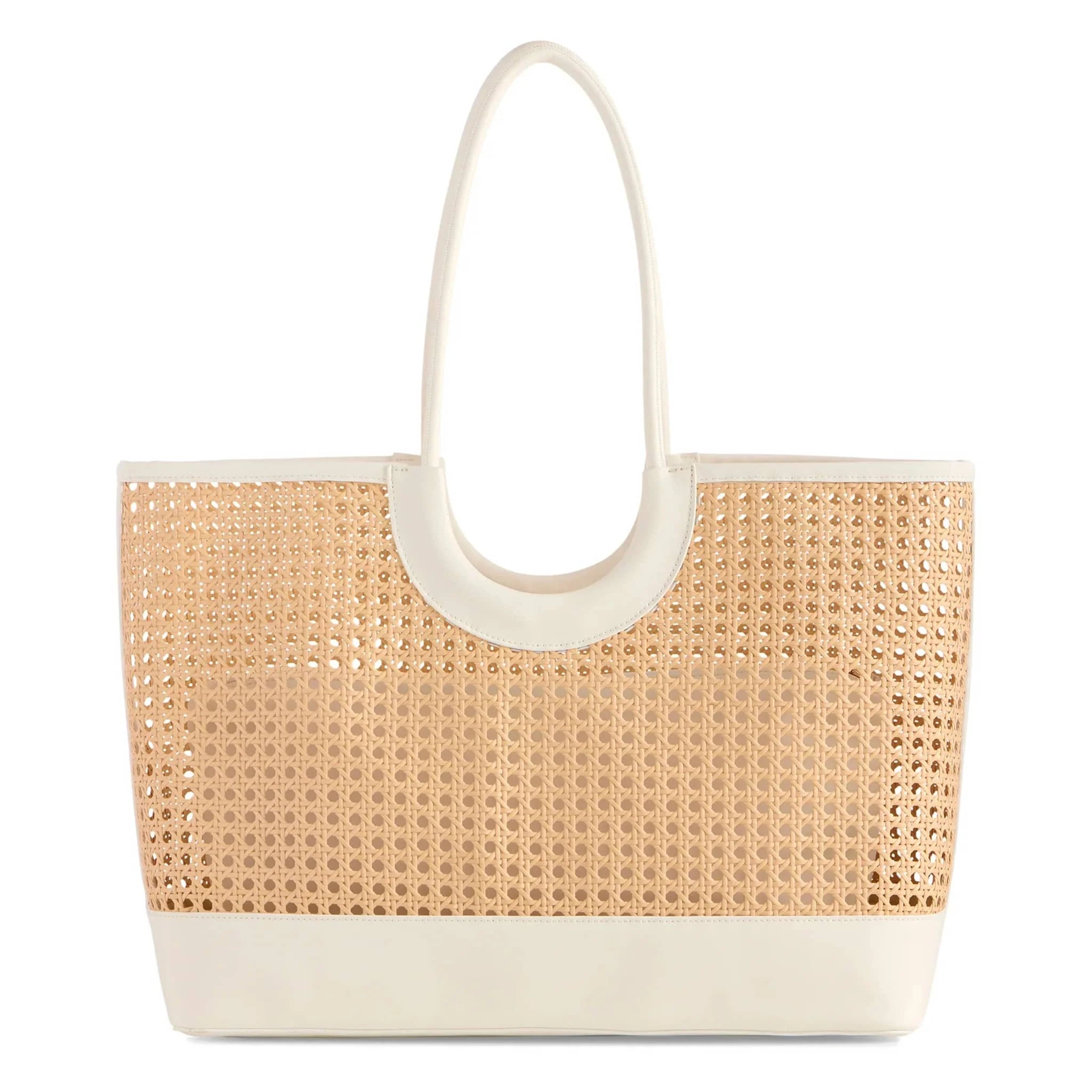 Bestofatlantagiftshop Lyra Tote in White – woven vegan leather beach bag with cane-inspired design