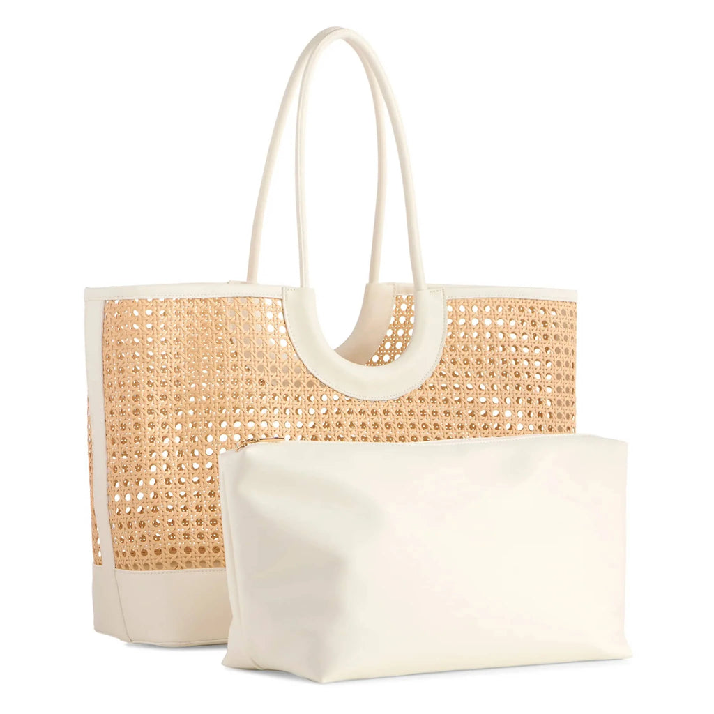Best Of Atlanta Gift Shop Lyra Tote in White – Woven Vegan Leather Beach Bag